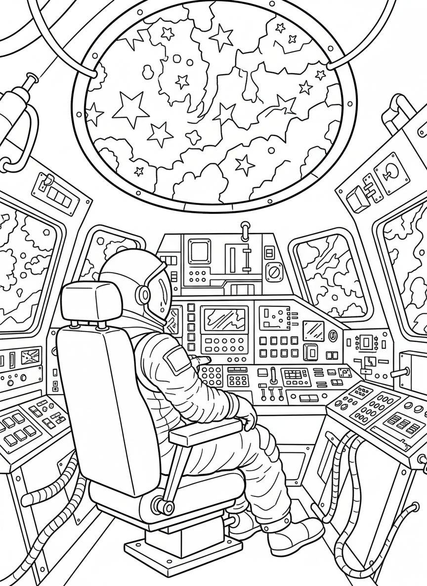 An astronaut sitting inside a rocket cockpit with control panels and windows showing stars outside, interior view.