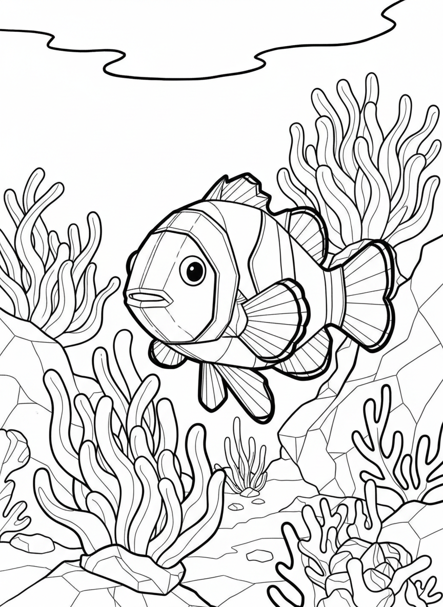 An origami clownfish with striped patterns created by paper folds, swimming near paper-fold sea anemone