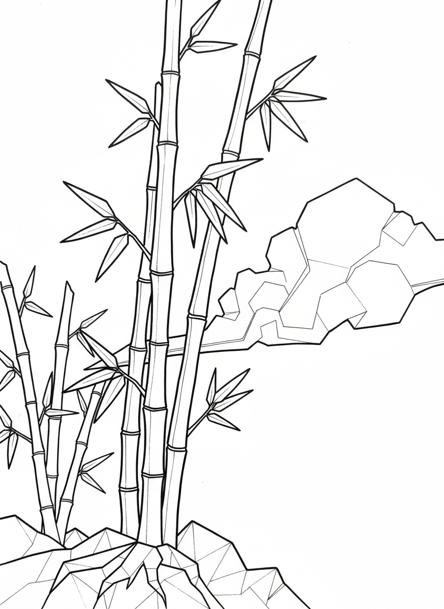 A tall origami bamboo plant with segmented stalks and pointed leaves shooting out at angles, displaying clear geometric fold patterns.