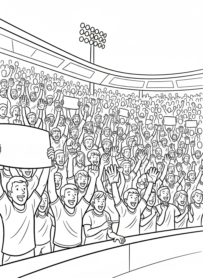 A packed stadium crowd of cheering fans waving foam fingers and holding signs, excited faces and raised hands, wide scene view.
