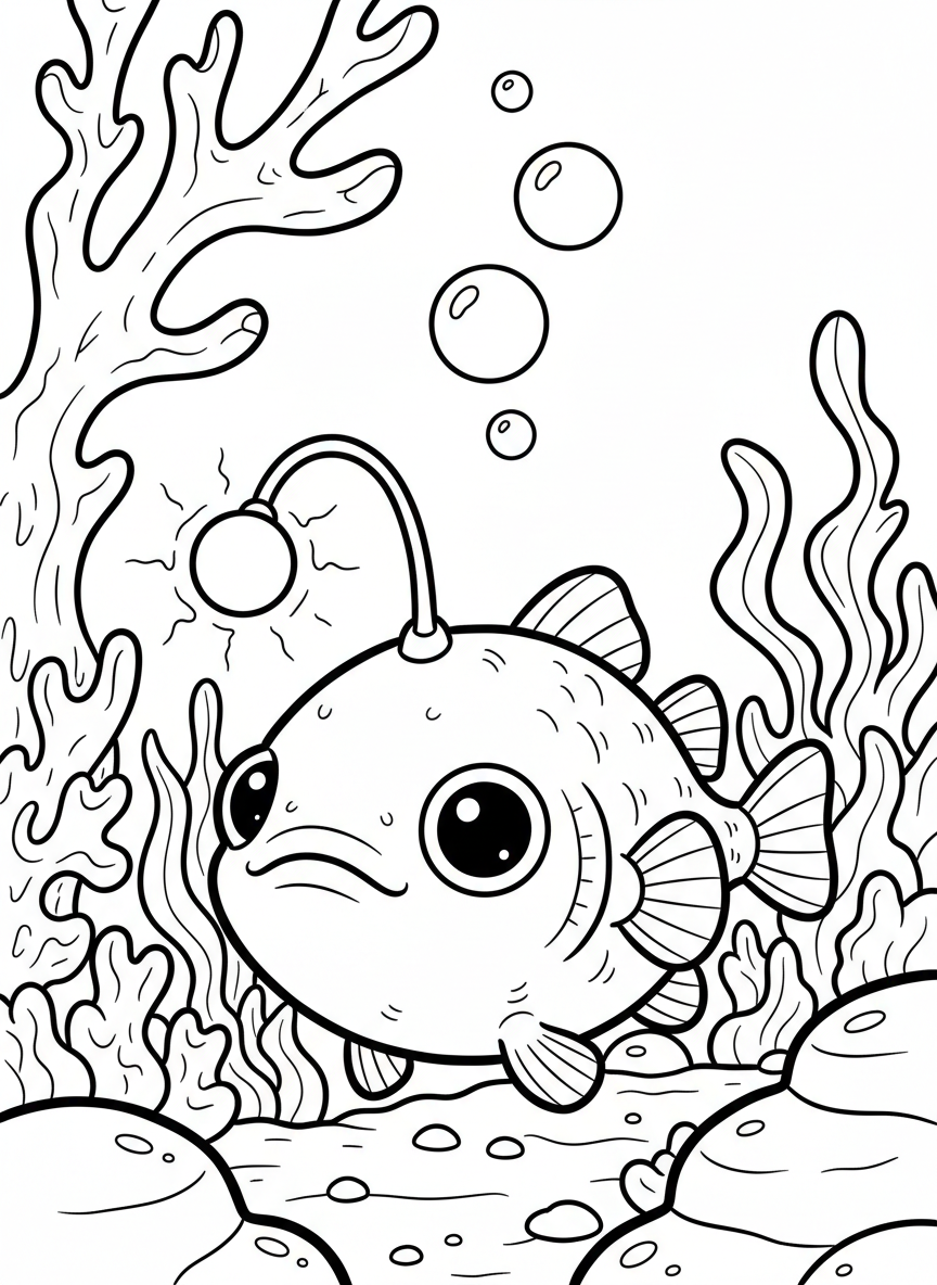 A cute baby anglerfish with oversized eyes and a tiny glowing lure, nestled among coral formations on the seafloor.