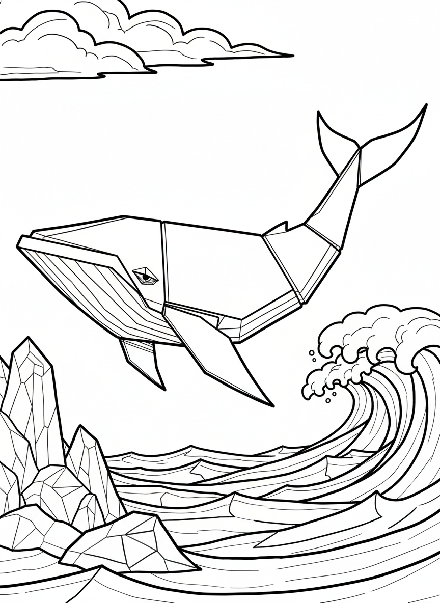 A large origami blue whale with geometric body segments and angular tail flukes, displaying prominent fold line details.