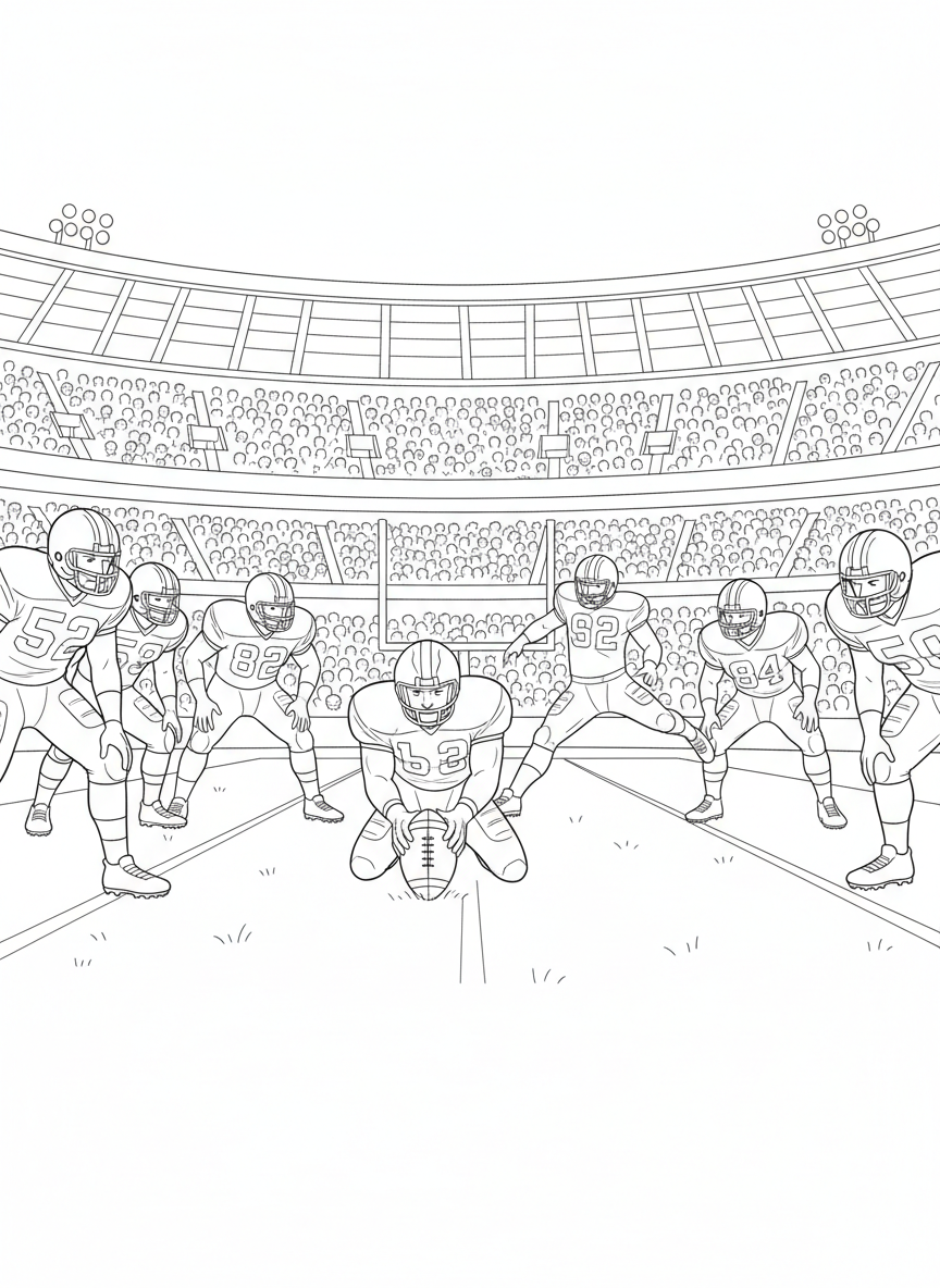 A last-second field goal attempt moments before the final whistle, the ball carefully placed, the holder steady, players frozen in focus as silence briefly overtakes the massive crowd.