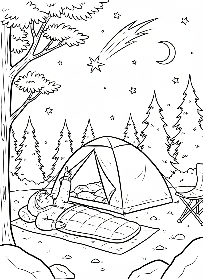 A child stargazing while lying on a sleeping bag outside the tent, pointing up at a shooting star.