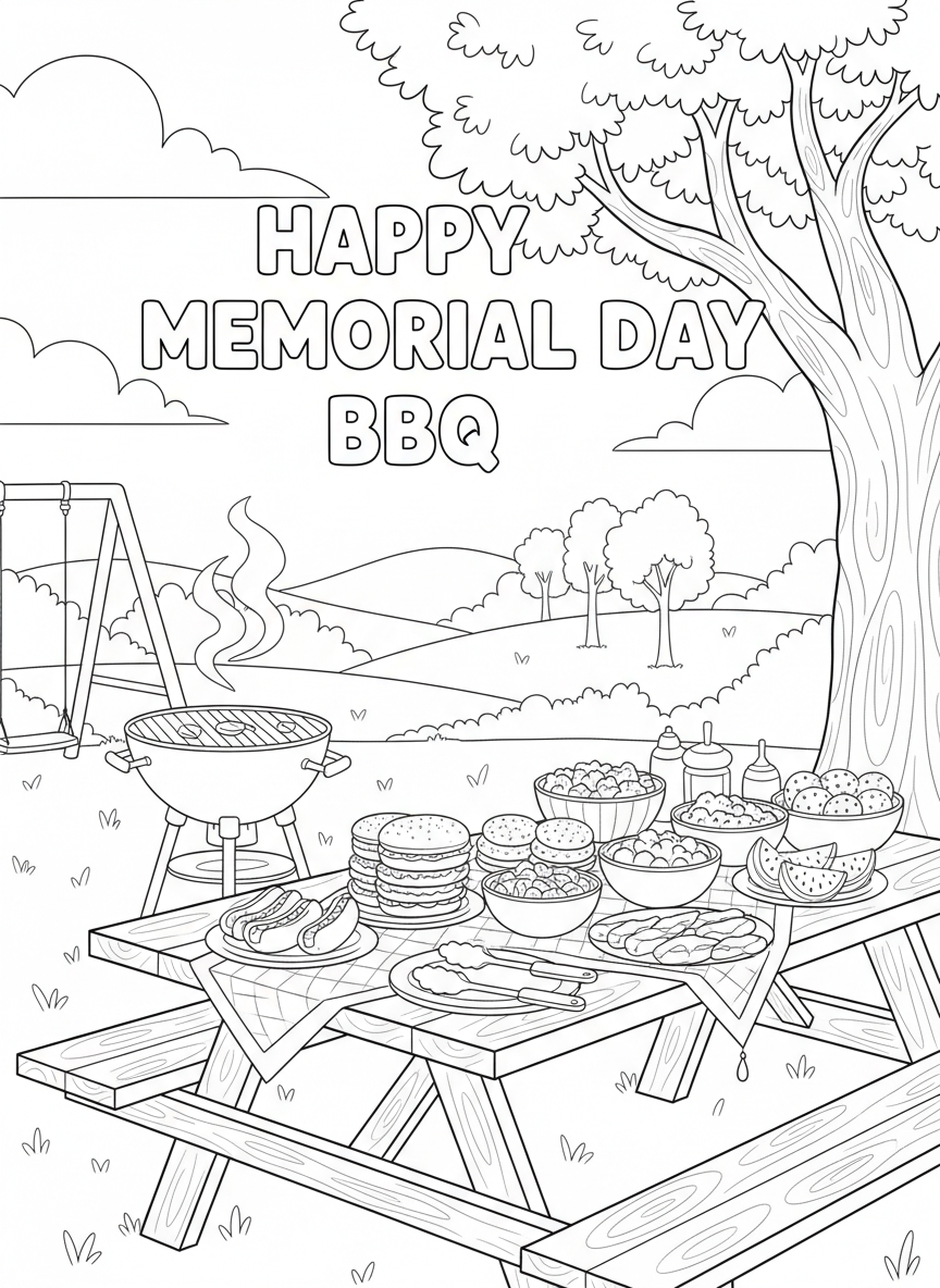 Memorial Day BBQ coloring page prompts highlighting backyard gatherings, grilling traditions, and the start of summer.	A picnic table filled with classic barbecue sides and plates ready to be served.