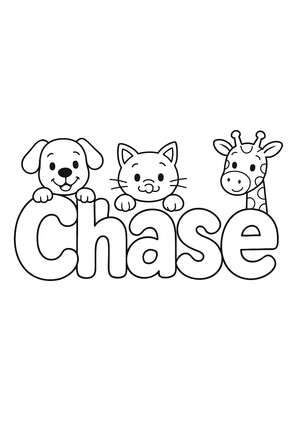 The name “Chase” in bubble letters with cartoon animals peeking out of each letter. make the name all on one line, capitalize only the first letter