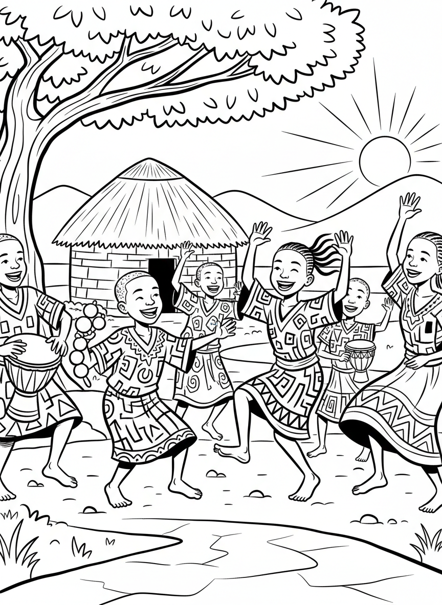 Children dressed in festive clothing with African-inspired patterns, dancing and celebrating, showing movement and joy.