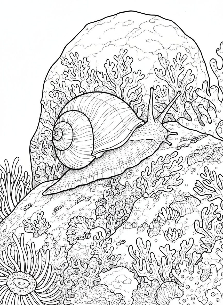 A sea snail slowly crawling across a rock covered in colorful algae patterns and tiny barnacles.