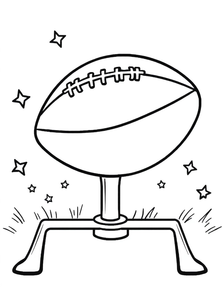 american football: Ball & Tee: A close-up of a football sitting on a kicking tee, ready for kickoff, with stars around it.