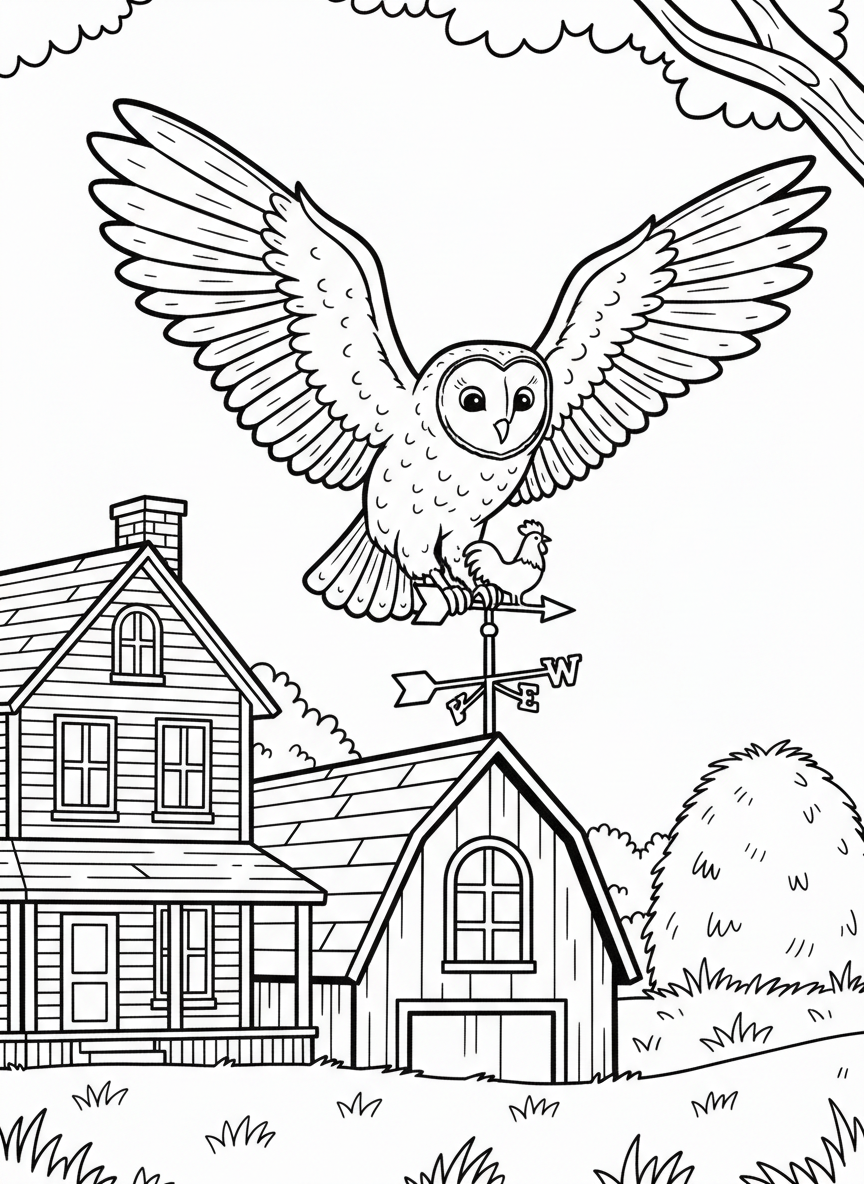 A barn owl landing on a barn roof weathervane, with a simple farmhouse and hay bales in the background