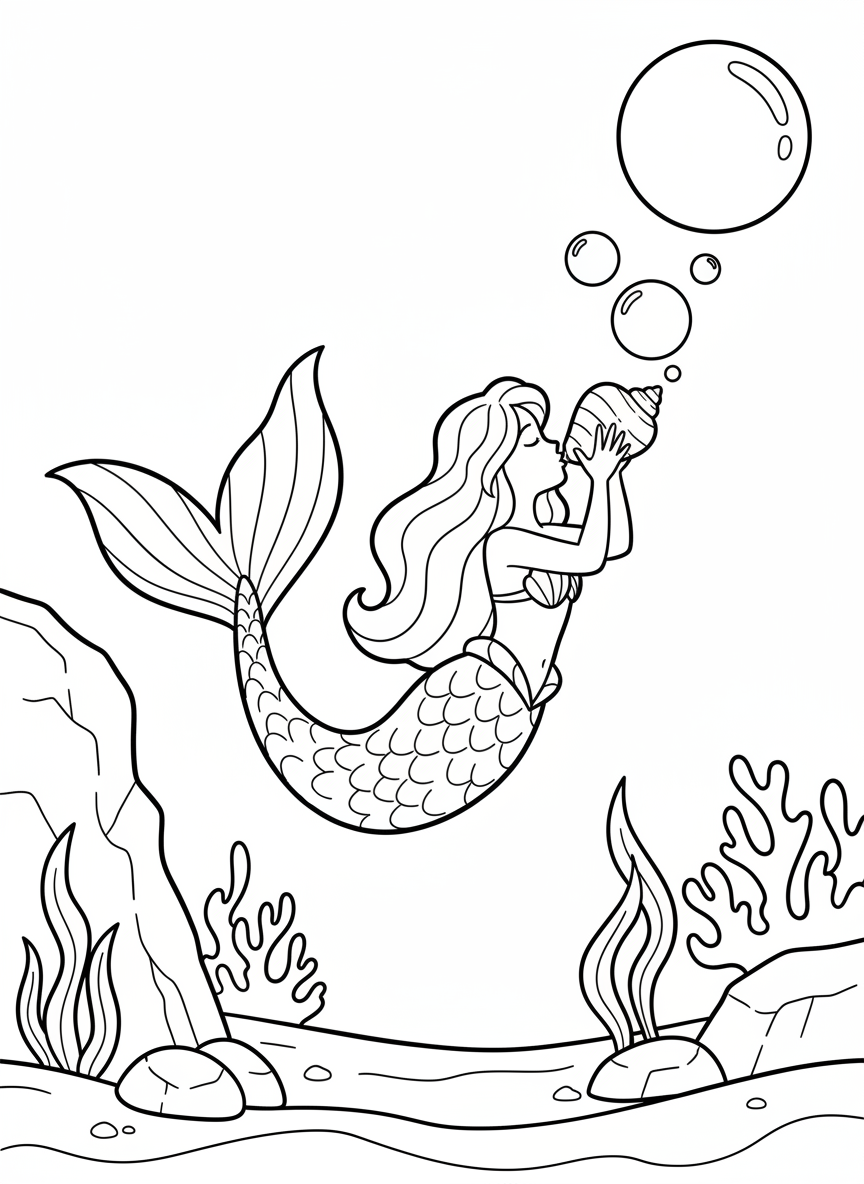 Simple mermaid blowing bubbles, with her tail curved gracefully and three large bubbles floating upward, minimal background, beginner coloring page