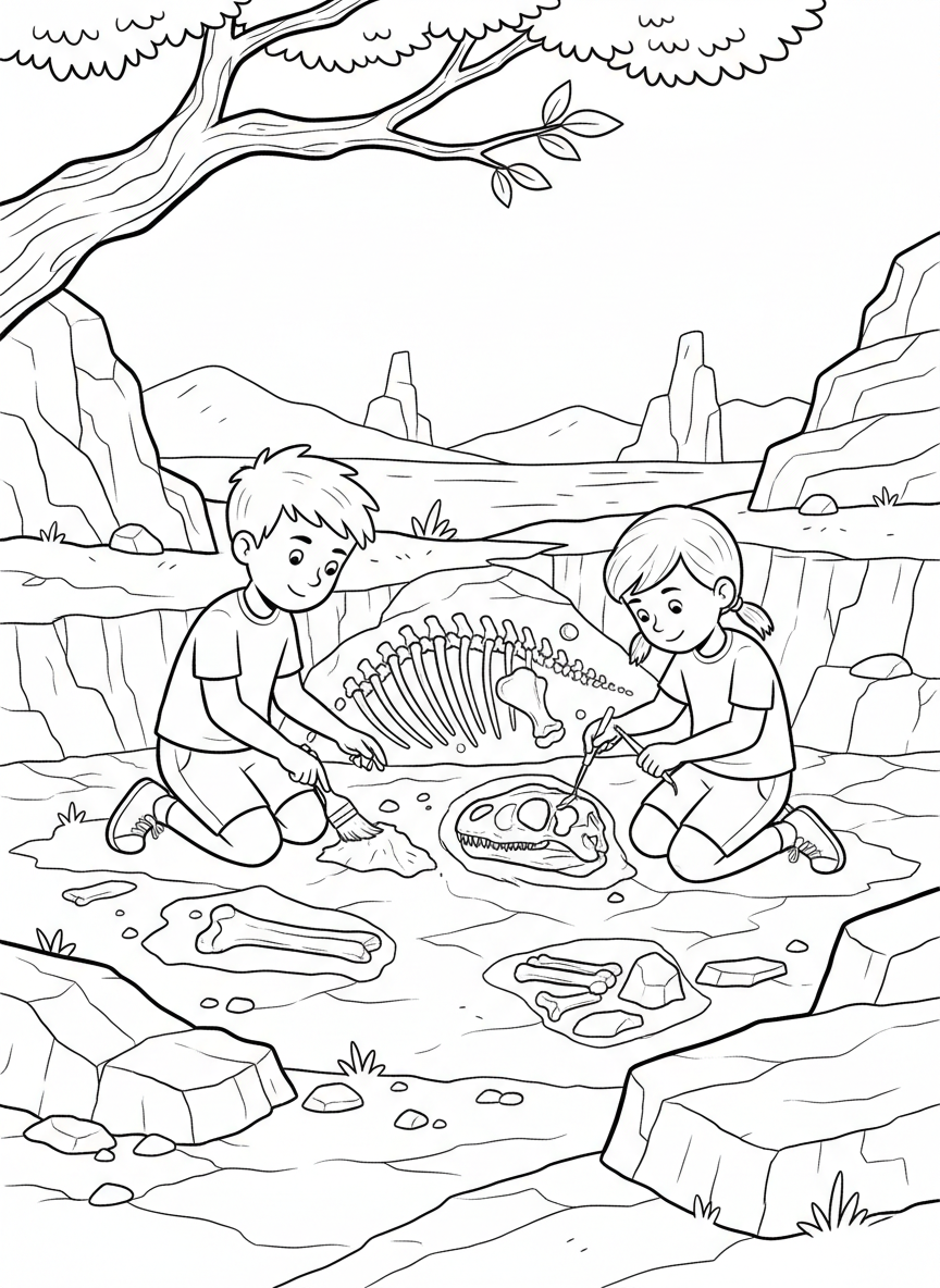 Two children at a dig site using brushes and small tools to carefully uncover fossils in layered rock