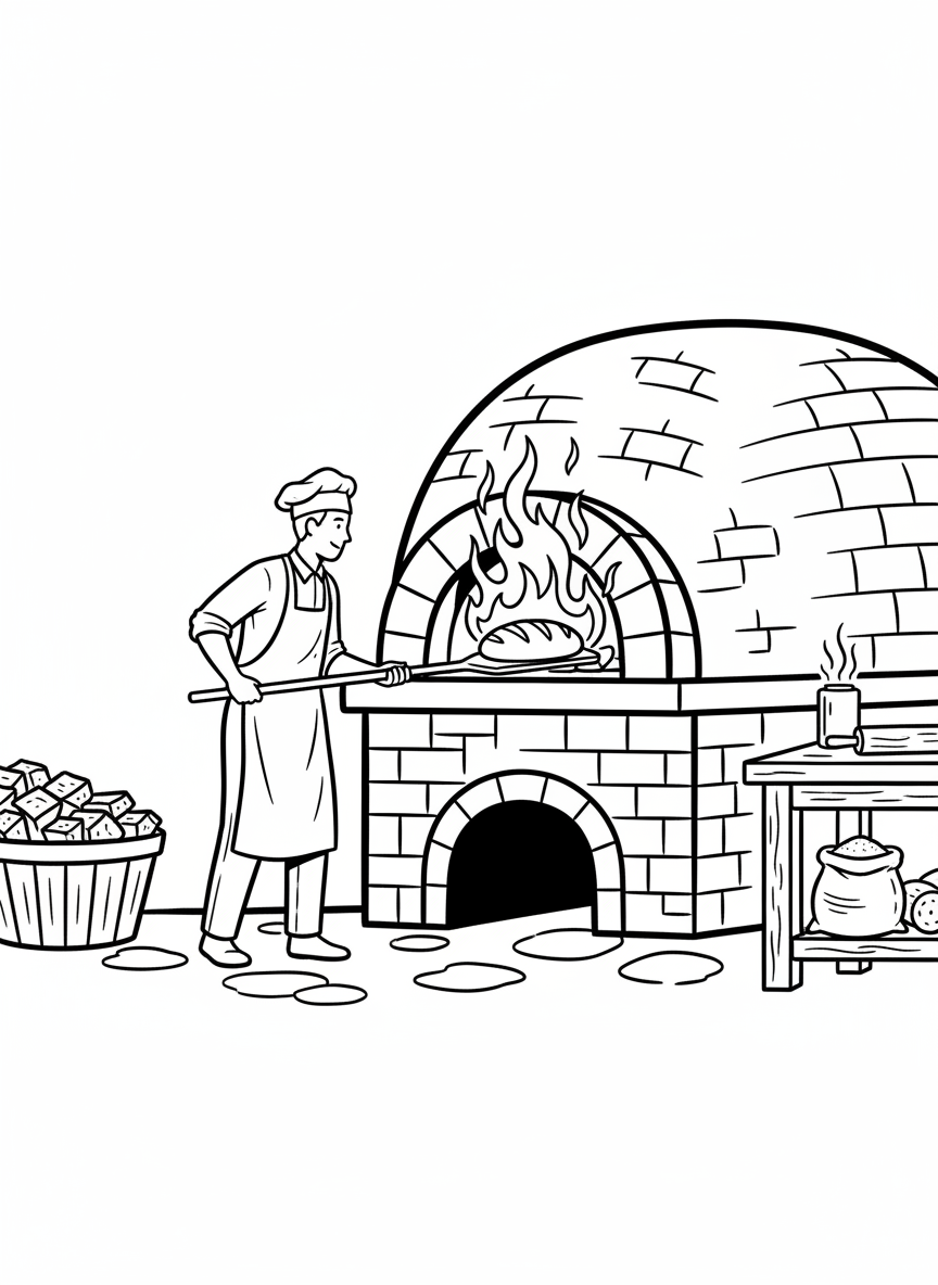 A large brick oven with flames inside, and a baker using a long paddle to pull out a loaf of bread