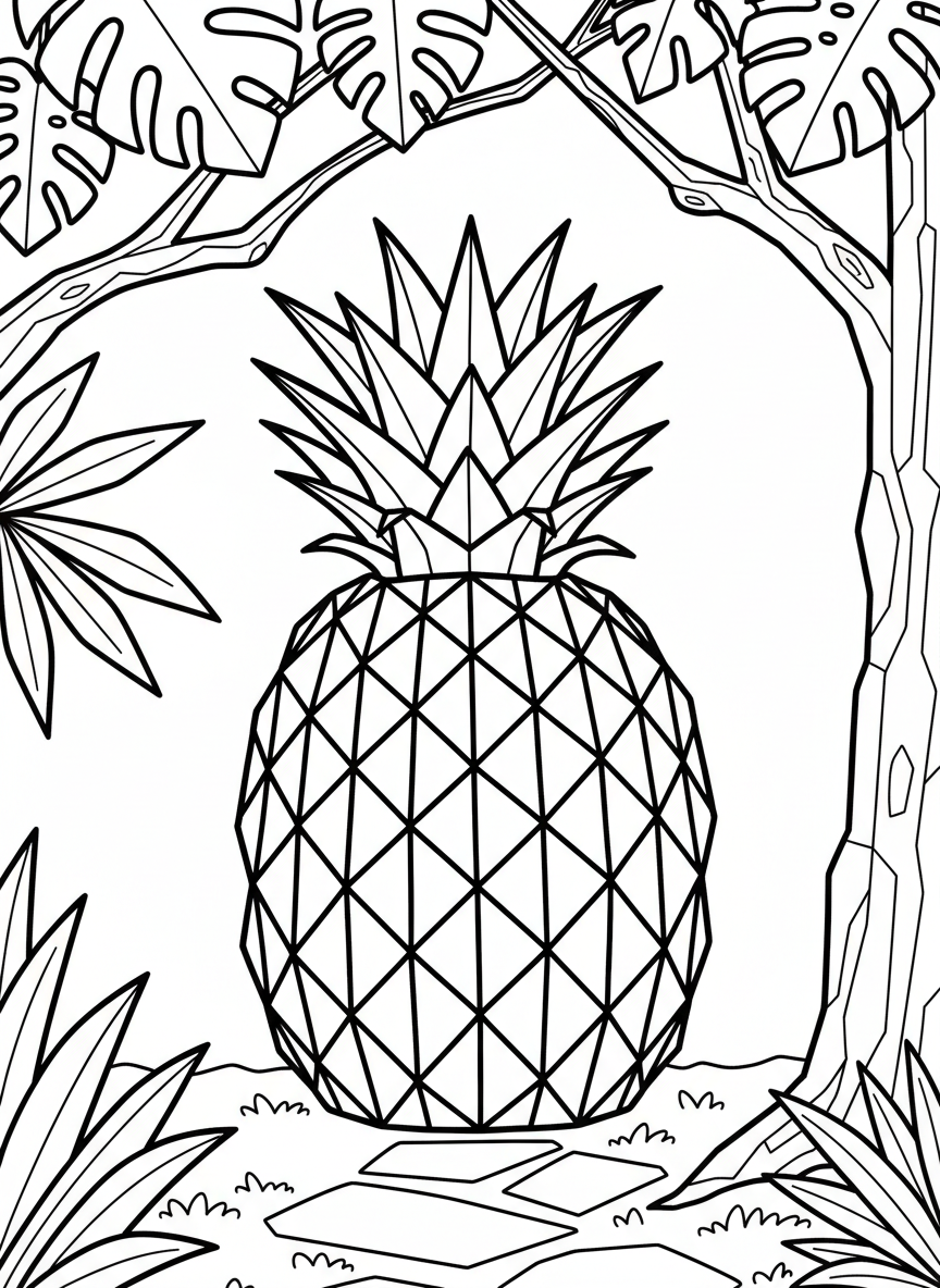 A detailed origami pineapple with geometric diamond grid pattern, angular spiky leaves sprouting from top in a crown formation.