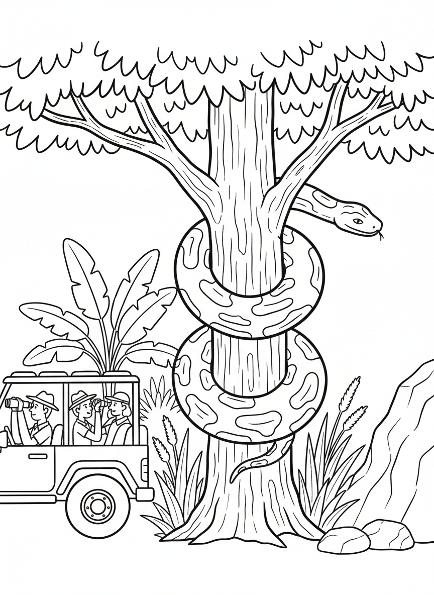 A python snake coiled around a jungle tree trunk with a safari group safely observing from their vehicle below.