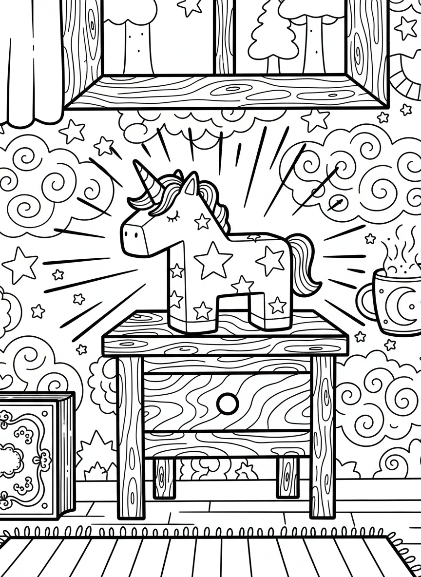 A unicorn night light with cutout star patterns, glowing effect suggested by radiating lines, bedside table setting