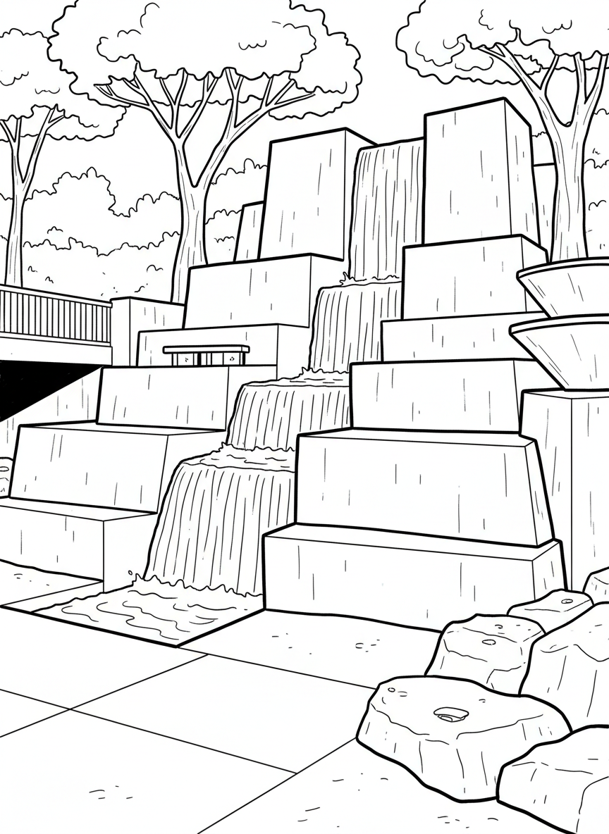 The historic Fort Worth Water Gardens with geometric fountains and cascading water features, architectural line art suitable for coloring
