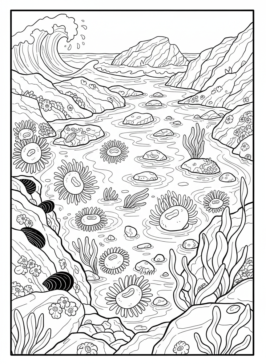 Rocky tide pool border decorated with various anemones, mussels, and seaweed, frame-style composition
