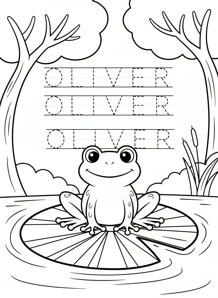 A friendly frog sitting on a lily pad, three practice rows of dashed letters spelling 'OLIVER' underneath, simple line drawing