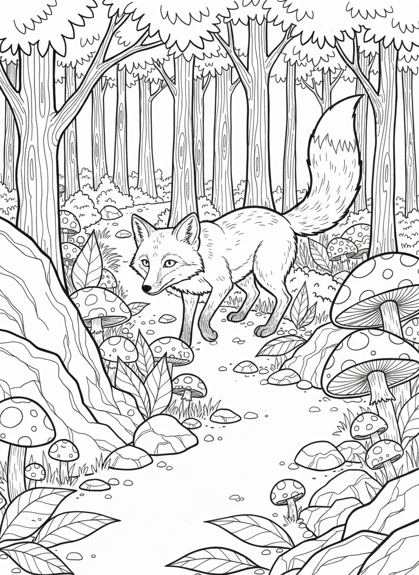 A curious fox exploring a woodland trail lined with mushrooms, fallen leaves, and moss-covered rocks.