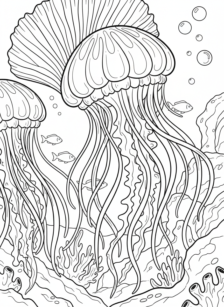 A jellyfish floating peacefully with long flowing tentacles and a dome-shaped bell top