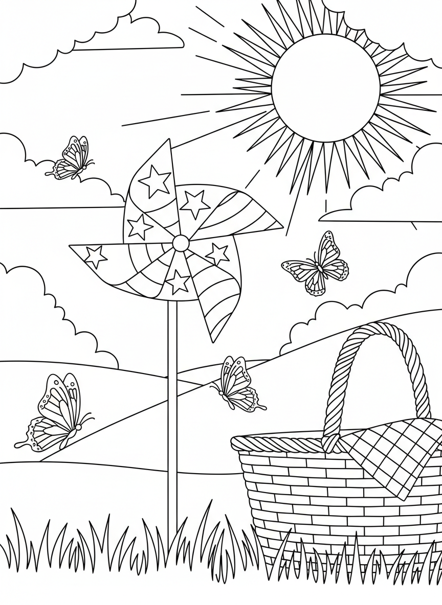 A patriotic pinwheel stuck in the ground next to a picnic basket, with butterflies flying nearby in a sunny meadow.