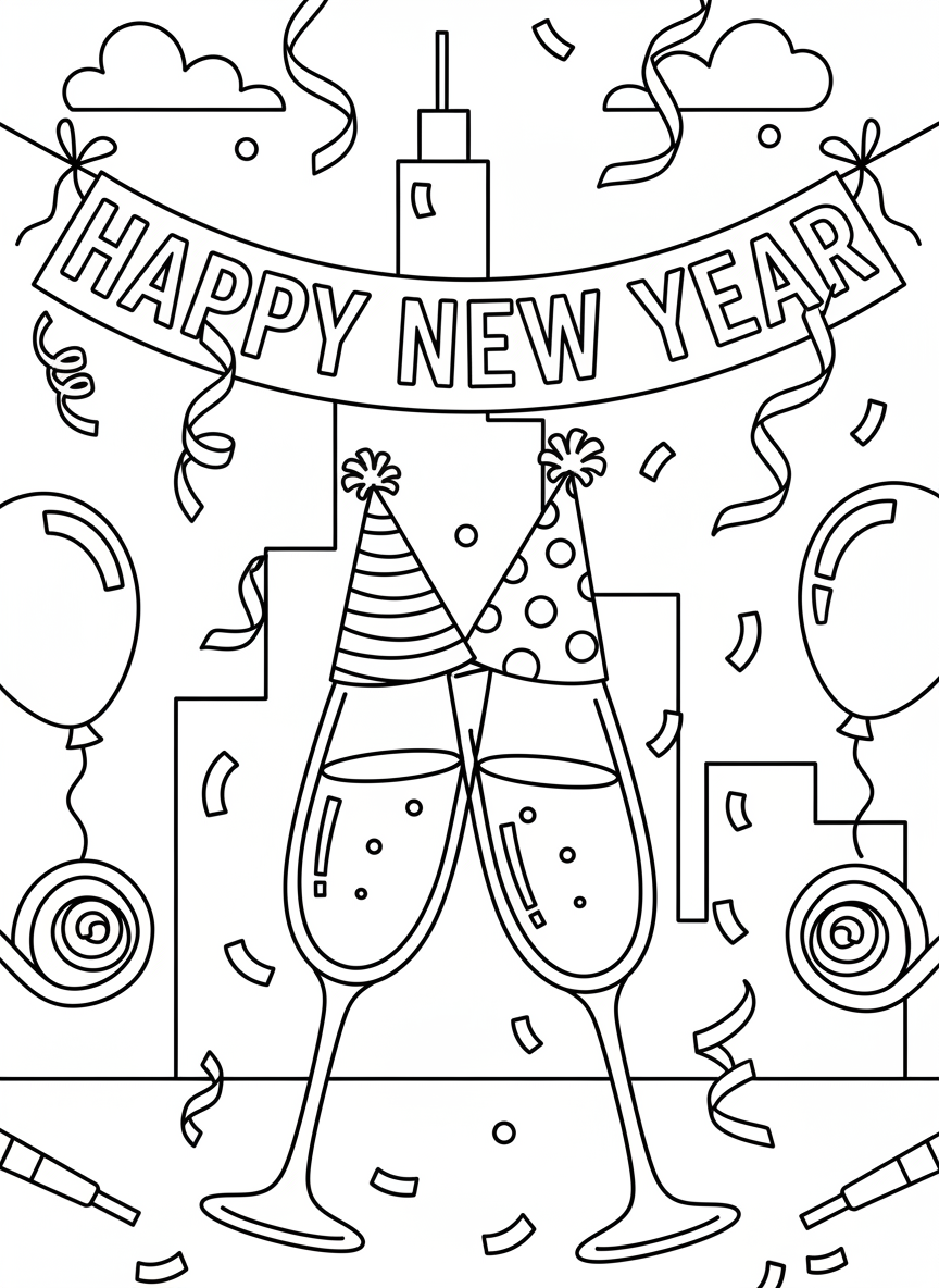 A festive scene with champagne glasses (filled with juice), party hats, noisemakers, and a banner saying 'Happy New Year'