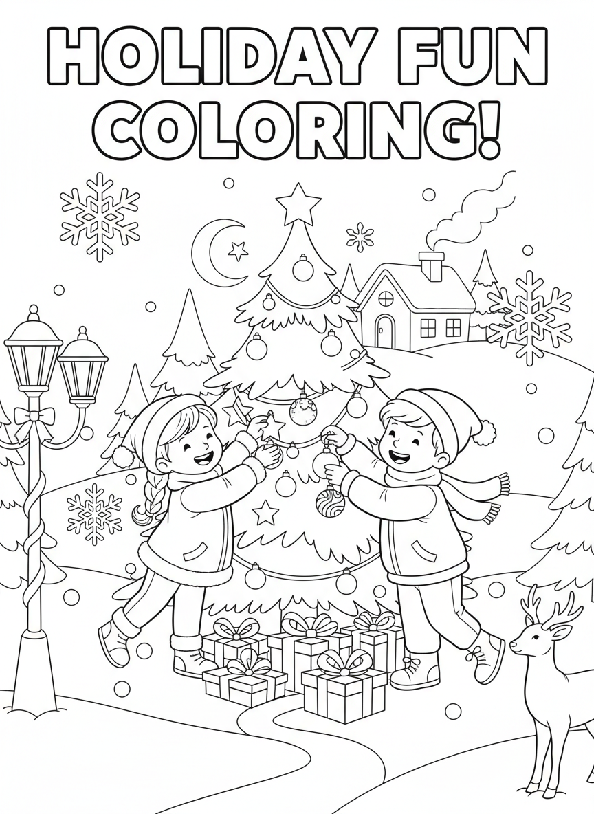 Holiday-themed coloring book cover, full-color festive illustration with kids decorating, snowflakes, and presents. Title-safe area at top.