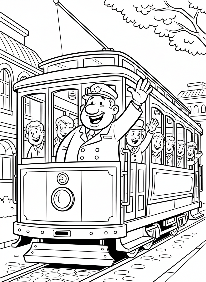 A cheerful trolley conductor waving from a cable car window with passengers visible inside, friendly cartoon-style line art.
