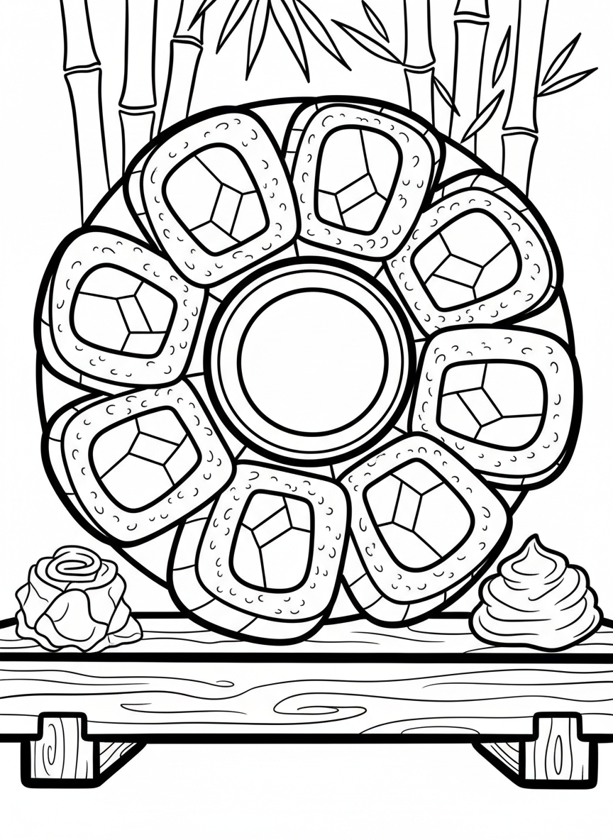 A California roll sliced into pieces showing the colorful ingredients inside, arranged in a circle pattern