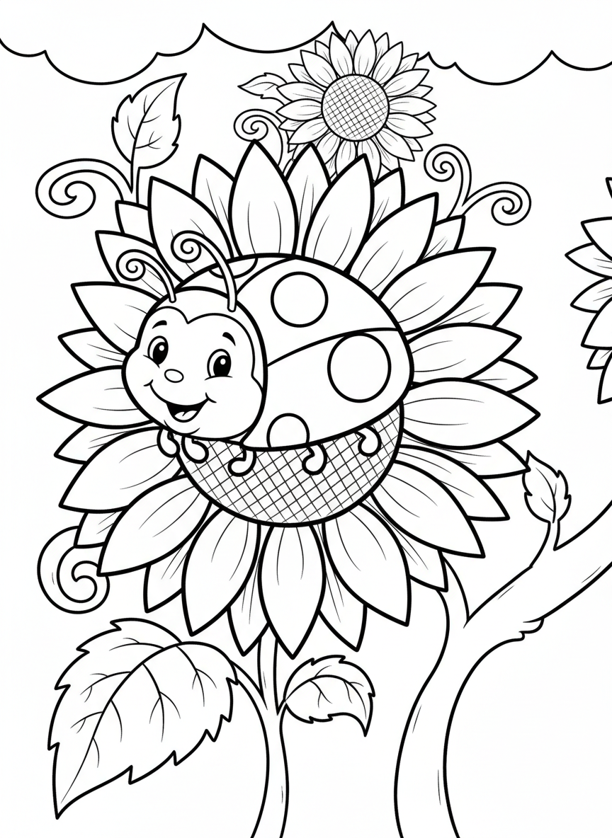 A cheerful ladybug with spotted wings resting on a large sunflower, simple line art with clear outlines perfect for young children to color.