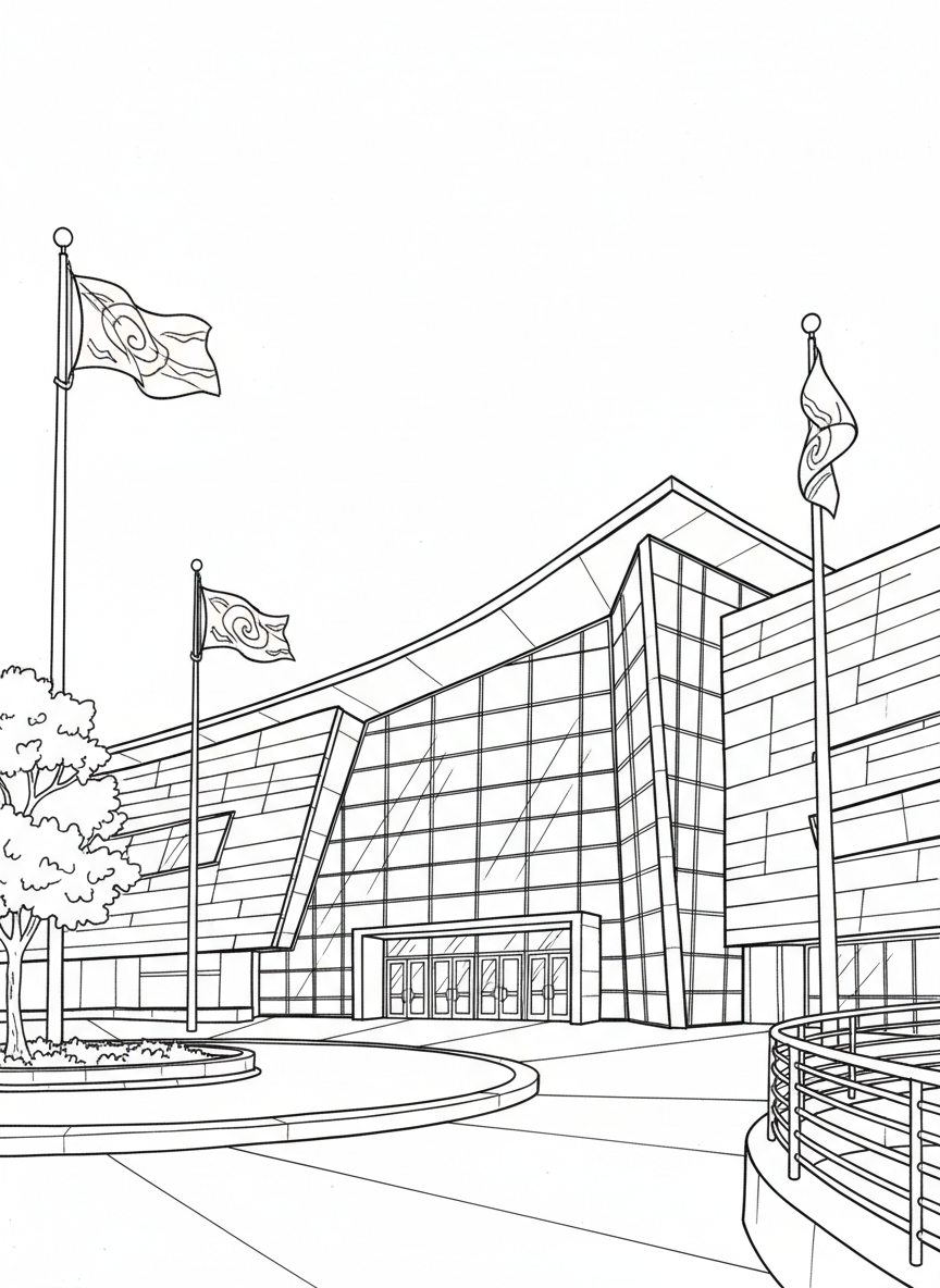 The NASCAR Hall of Fame building exterior with its distinctive modern architecture, flags flying, and welcoming entrance doors.