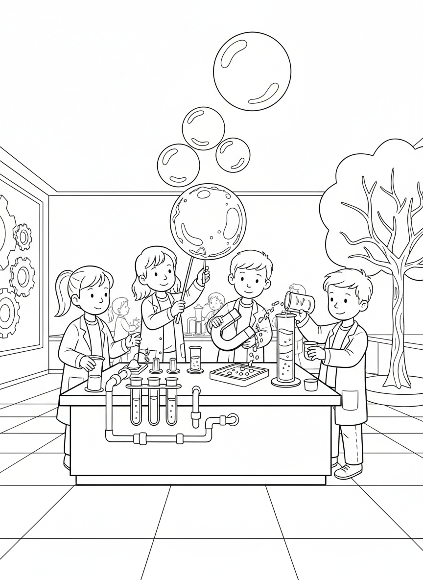 Children conducting a fun science experiment with bubbles, magnets, and colorful liquids at a hands-on museum, educational scene
