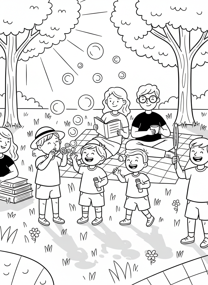 Children blowing bubbles in a sunny park while adults relax on blankets reading books and enjoying the late summer day.