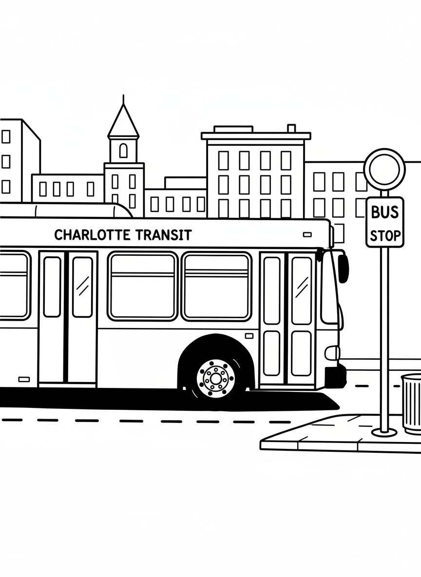 A simple city bus driving down a Charlotte street with buildings in the background and a bus stop sign nearby.