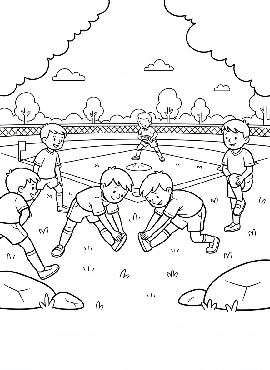 Kids doing warm-up stretches together before a game, reaching for their toes and stretching legs