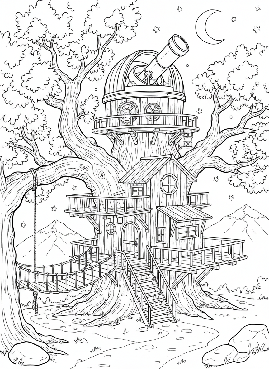 A multi-level treehouse with the top level designed as an observatory dome, complete with a rotating telescope.