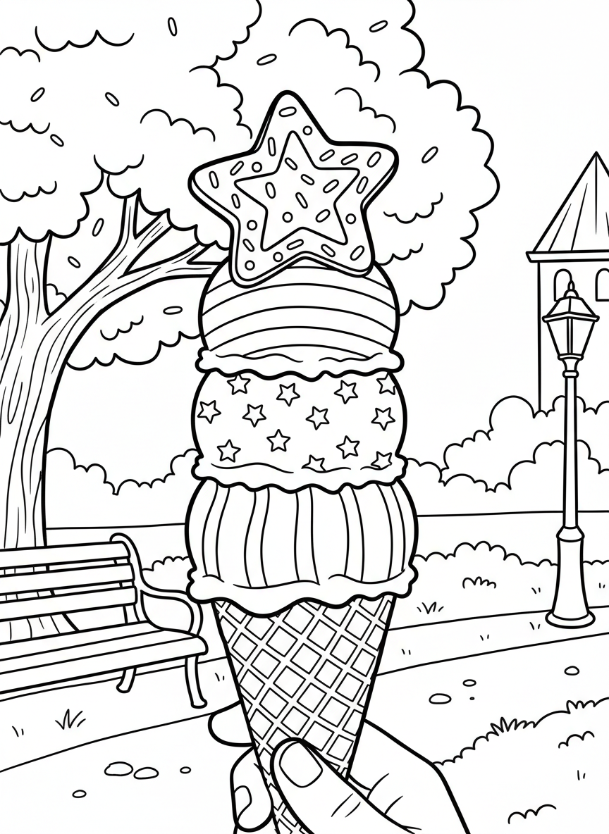A patriotic ice cream cone with red, white, and blue scoops topped with a star-shaped cookie and sprinkles
