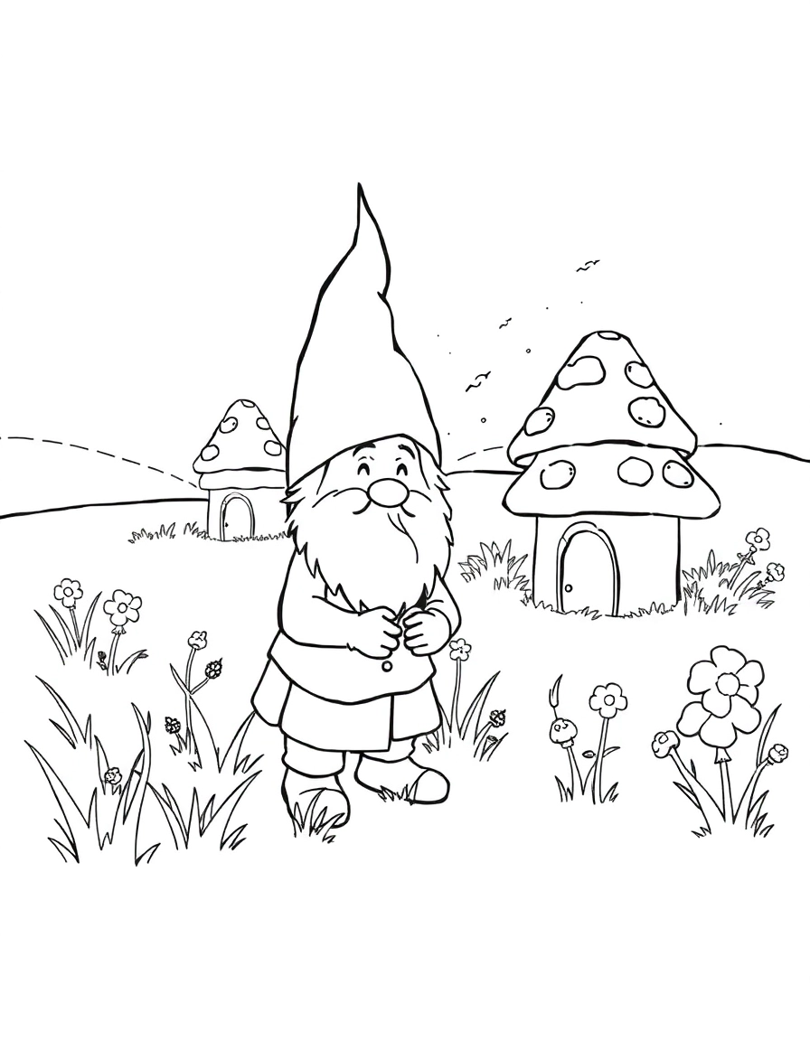A gnome tending mushroom houses, meadow at dawn