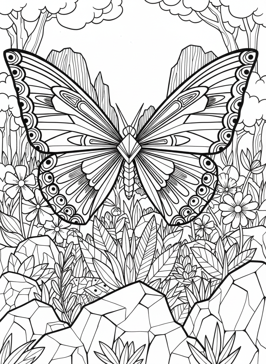 A large origami butterfly with intricate geometric patterns on wings, shown from above with wings fully spread