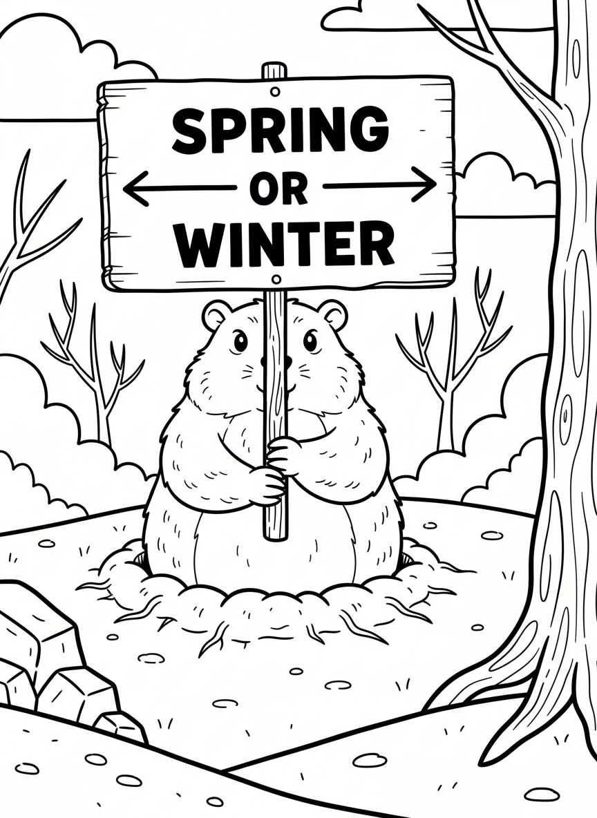 A groundhog holding a weather forecast sign that says Spring or Winter, standing in front of his burrow entrance