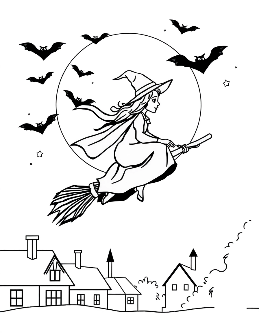 A young witch rides her broomstick across a glowing full moon surrounded by stars and bats. Below, rooftops and treetops fade into the distance.