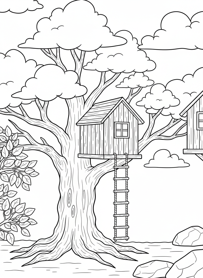 A simple treehouse with a ladder and small window, nestled in a large oak tree with fluffy clouds in the background
