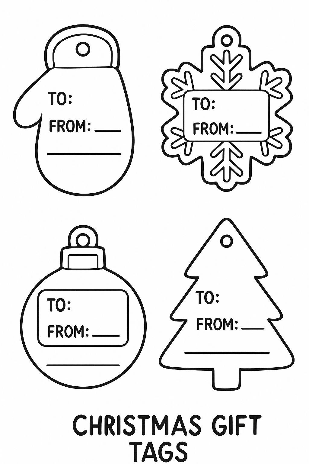Set of Christmas gift tags: mitten tag, snowflake tag, ornament tag, tree tag — each with simple borders and blank space for writing