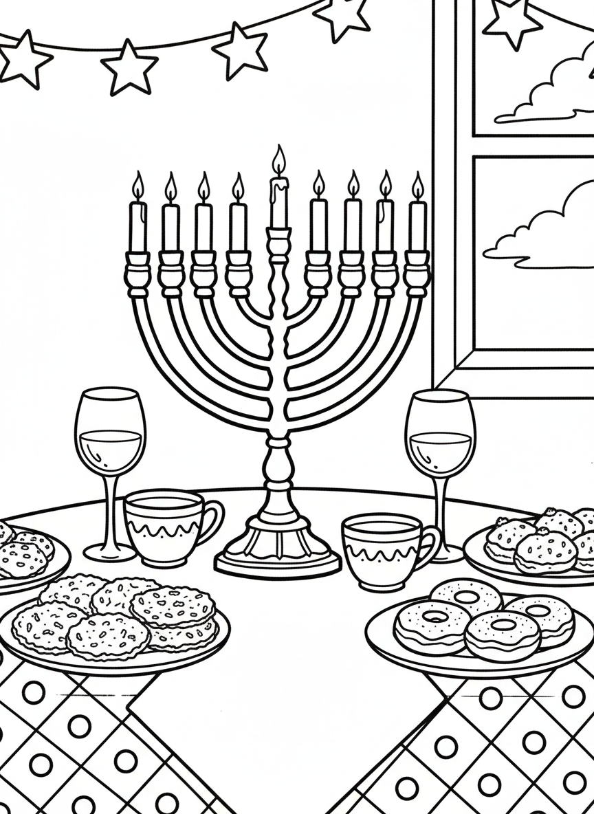 A table set for Hanukkah celebration with menorah, plates of food, and cups, overhead view showing the festive spread.