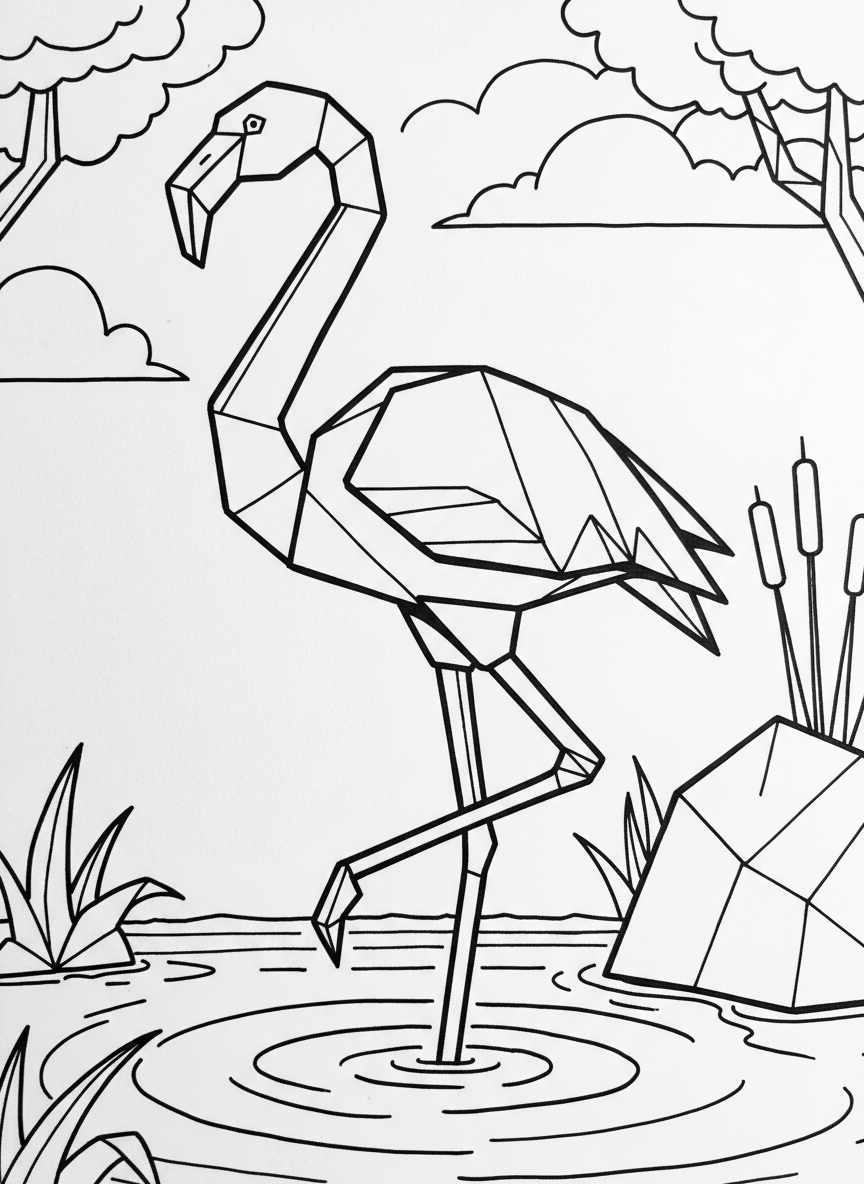 An origami flamingo standing on one leg in shallow water, with long curved neck, distinctive beak, and elegant folded body.