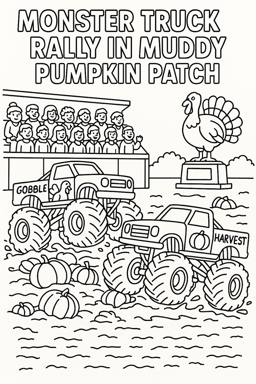   "Monster truck rally in muddy pumpkin patch, trucks with thanksgiving paint jobs crushing gourds, crowd in bleachers wearing fall colors, giant turkey trophy for winner