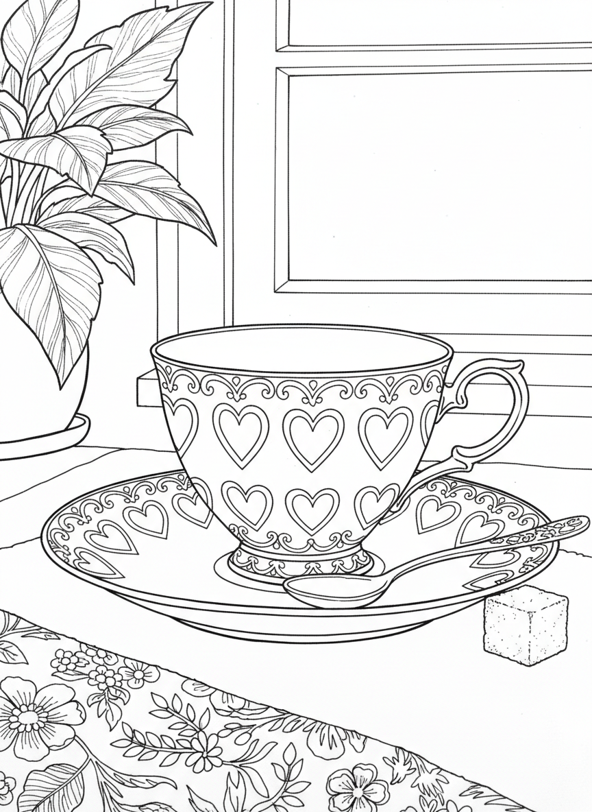 A close-up of an ornate teacup and saucer with heart patterns, accompanied by a small spoon and a sugar cube on the side.