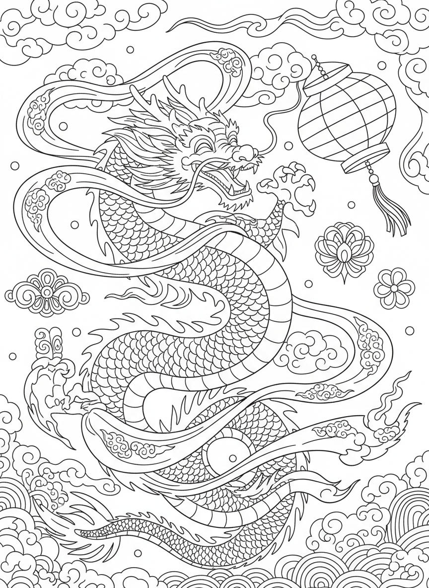 A smiling dragon dancing with ribbons and lanterns for Chinese New Year celebration, clouds and decorative patterns around