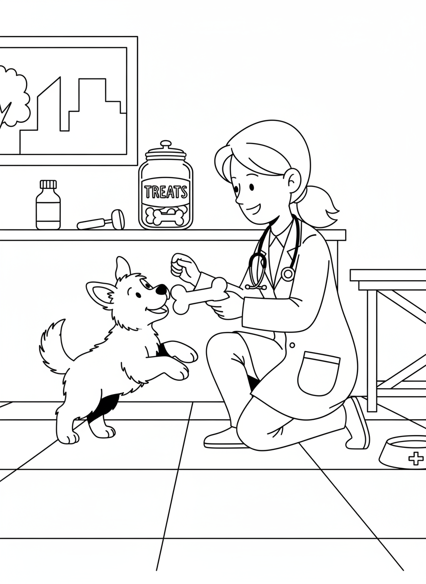 A vet feeding a treat to a happy puppy after a successful checkup, with a reward jar labeled treats on the counter